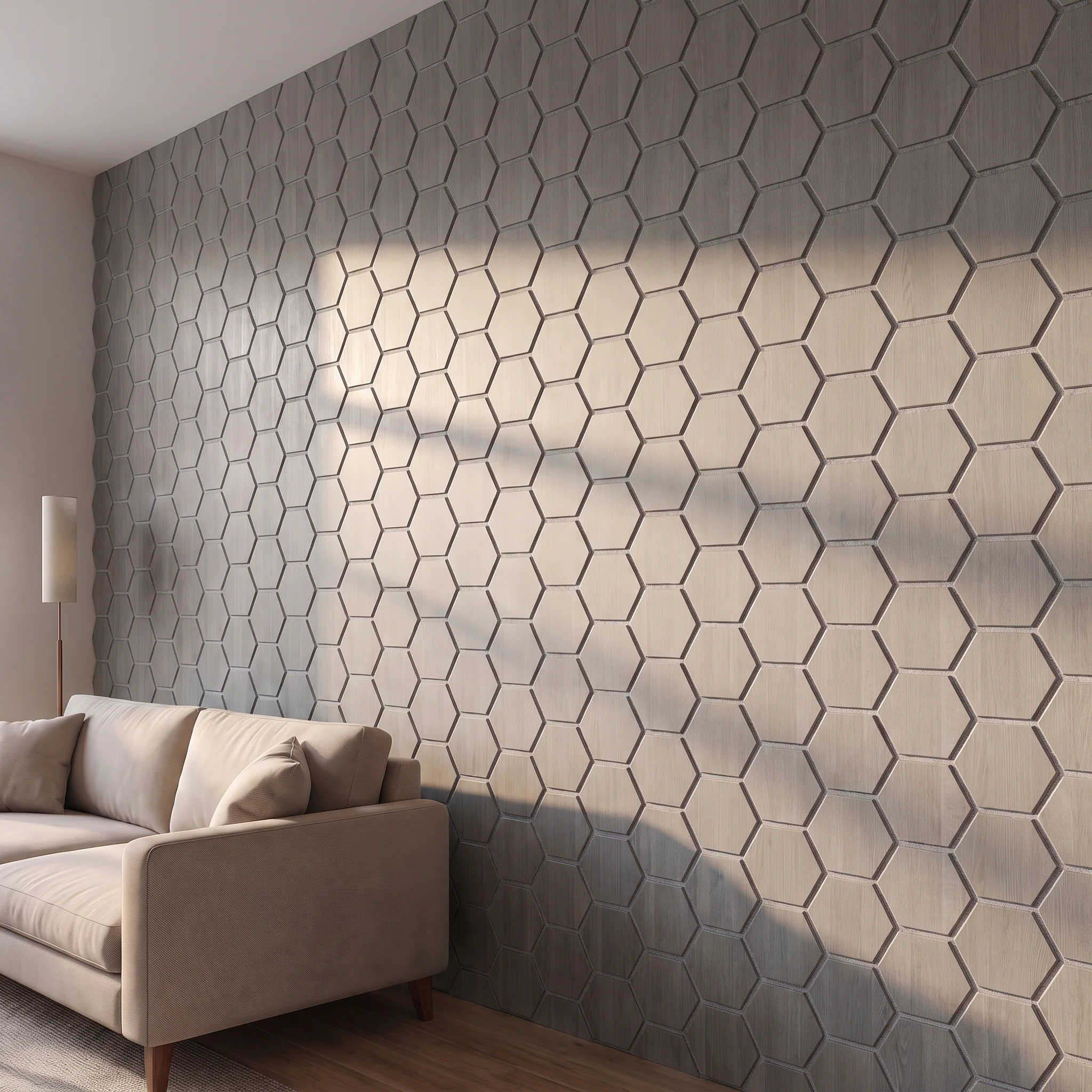 Hexagon Panel Grijs Walnoot met Grijs Vilt 81CM | Akoestisch | Wanddecor | Zeshoekig - Image 3