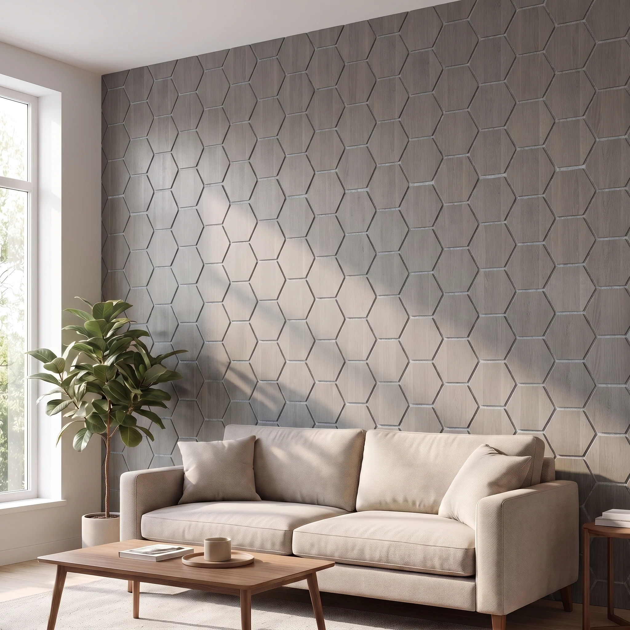 Hexagon Panel Grijs Walnoot met Grijs Vilt 81CM | Akoestisch | Wanddecor | Zeshoekig - Image 5