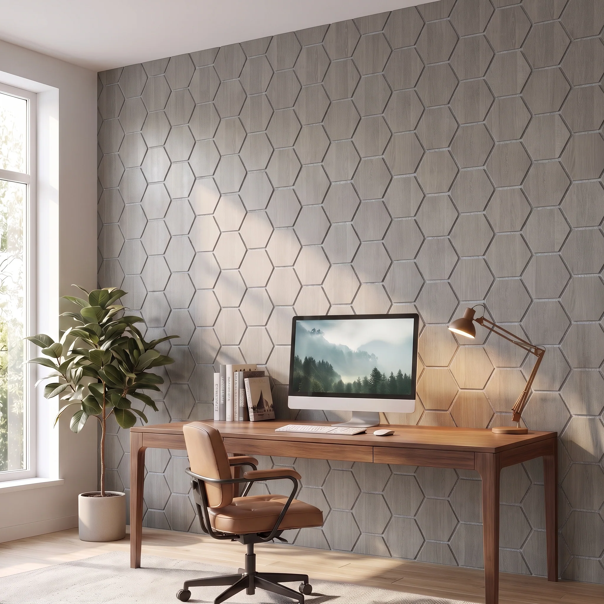 Hexagon Panel Grijs Walnoot met Grijs Vilt 81CM | Akoestisch | Wanddecor | Zeshoekig - Image 7