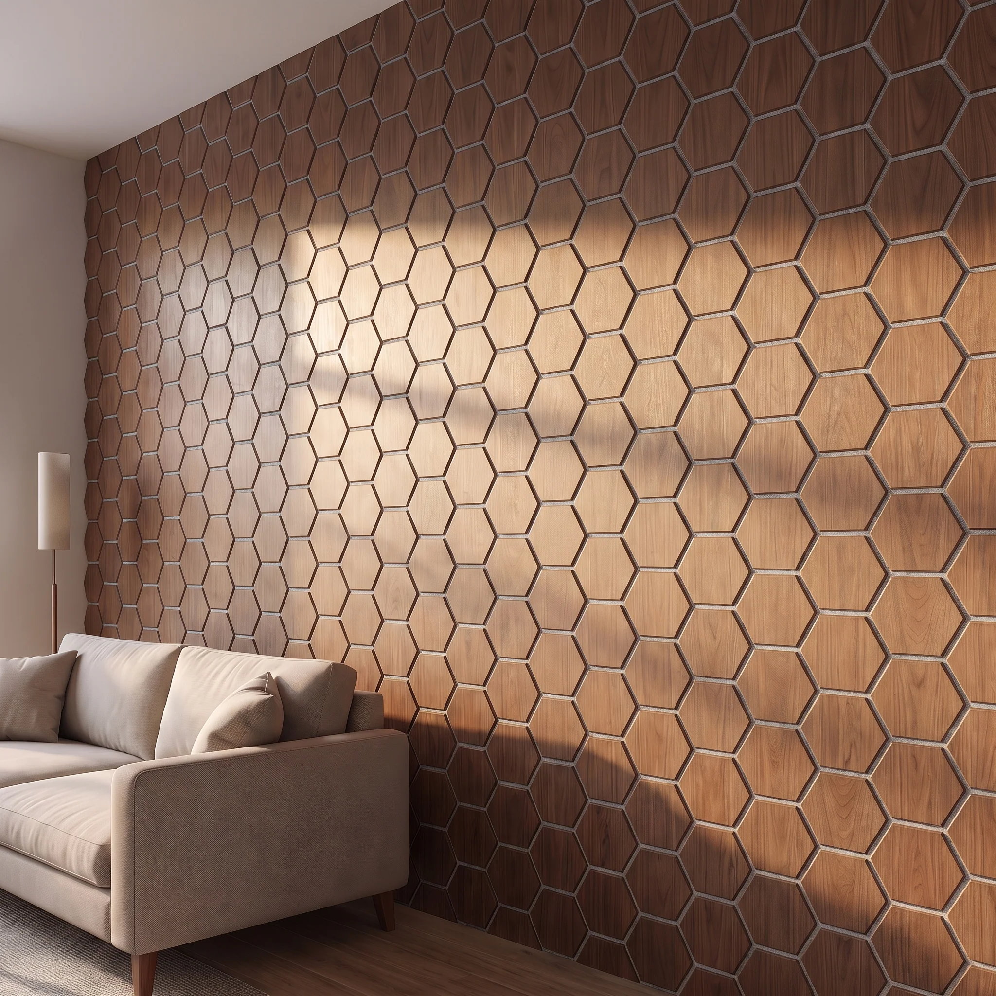 Hexagon Panel Walnoot met Grijs Vilt 81CM | Akoestisch | Wanddecor | Zeshoekig - Image 3