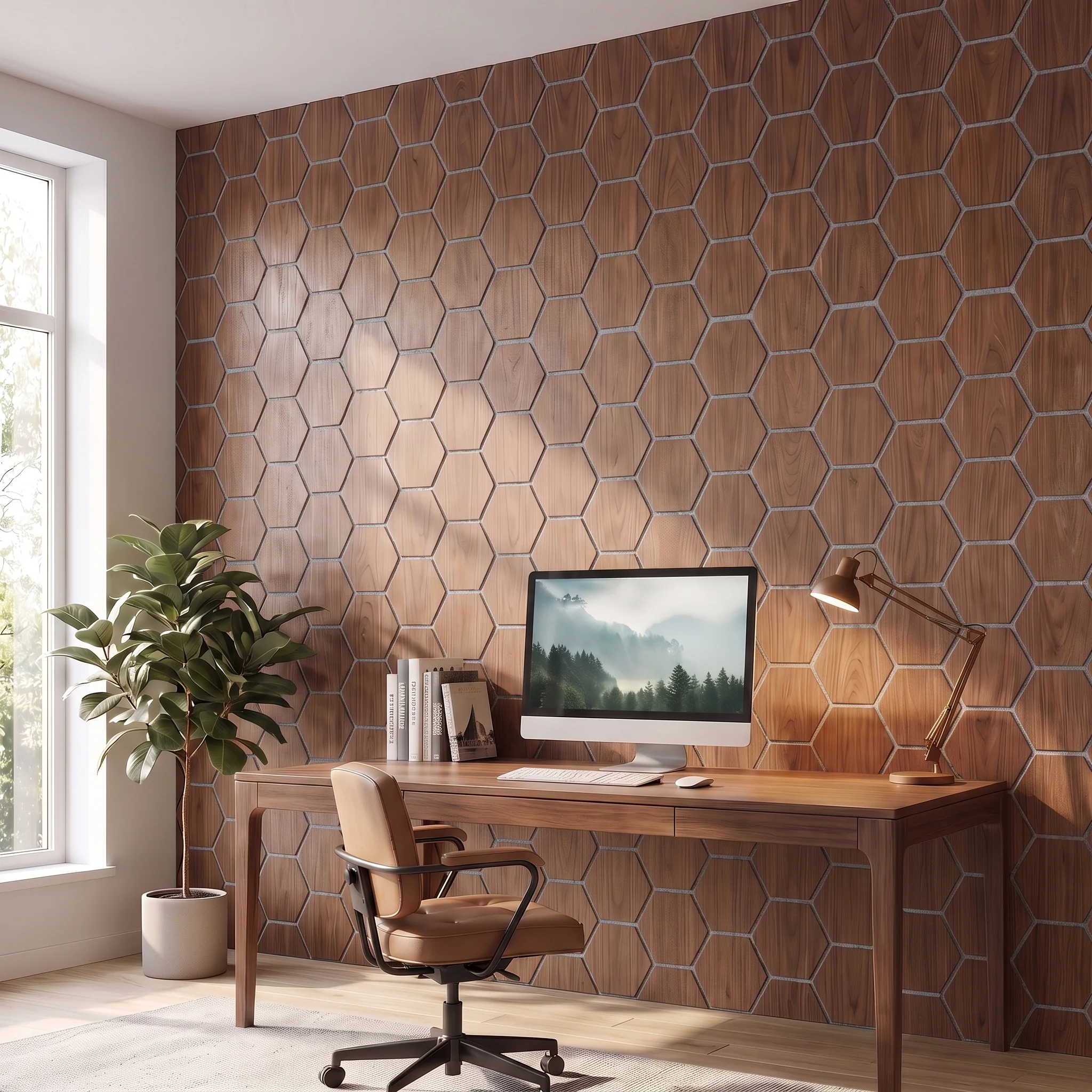 Hexagon Panel Walnoot met Grijs Vilt 81CM | Akoestisch | Wanddecor | Zeshoekig - Image 7